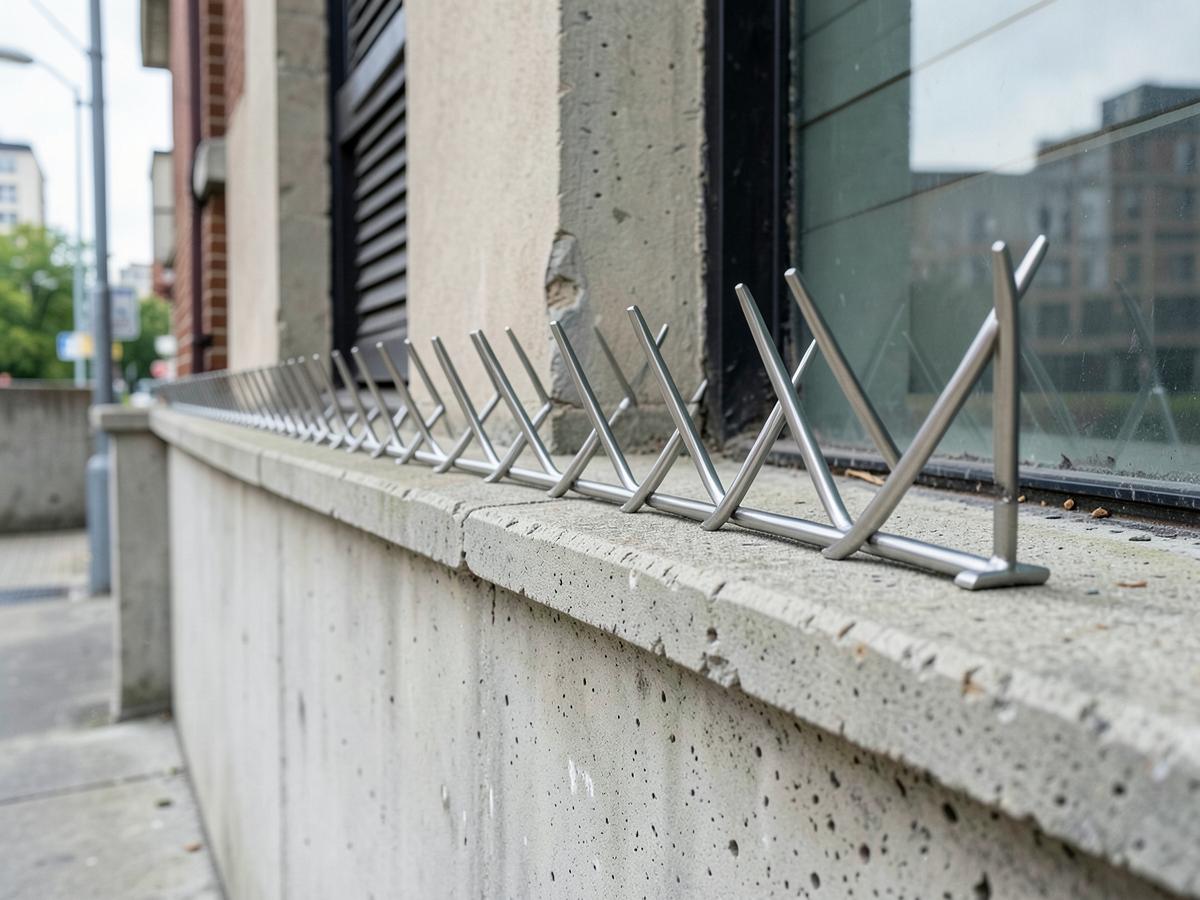 Stainless steel bird spikes installed along a concrete building ledge in Maharashtra